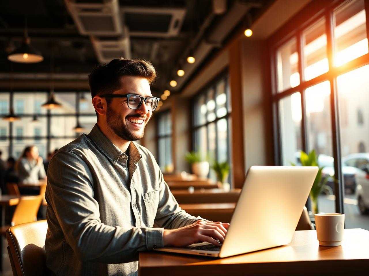 Founder working on a laptop in a bright Coventry coffee shop